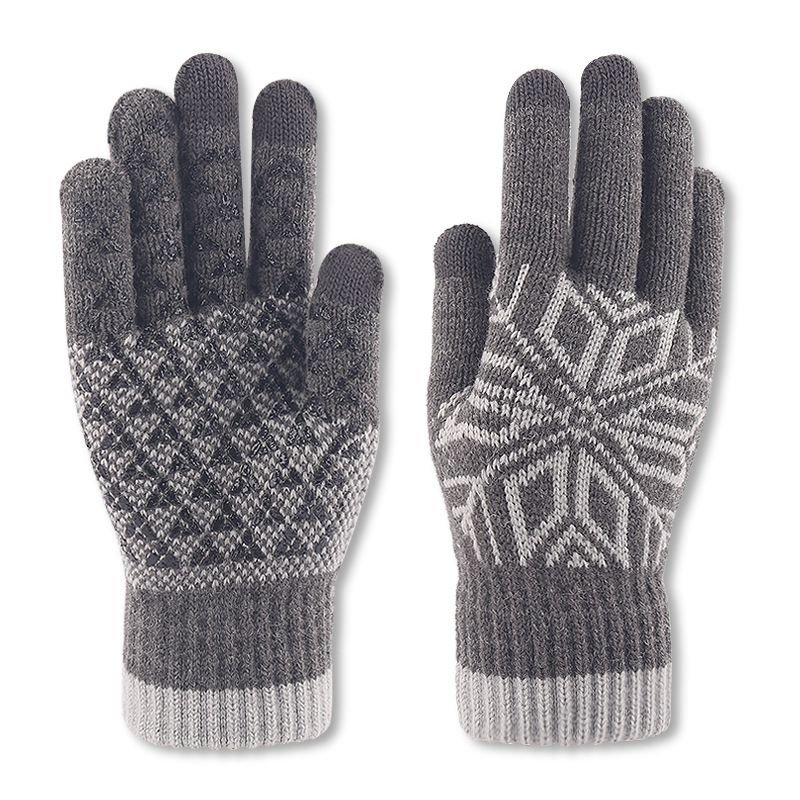 Autumn Winter Men Fashion Warm Fleece-Lined Thick Knitted Snowflake Gloves