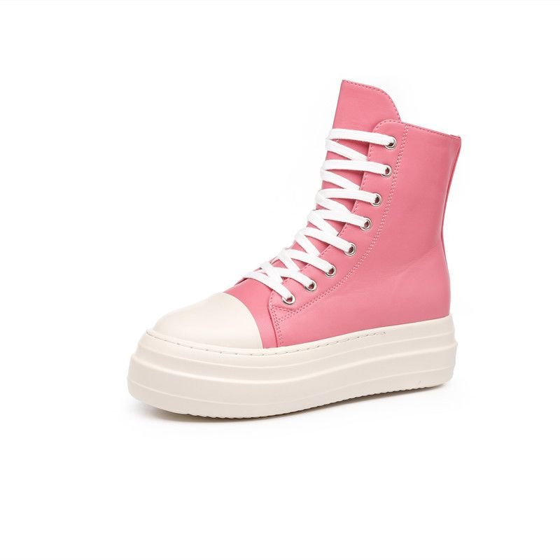 Women Fashion Thick-soled Solid Color Leather High Top Sneakers