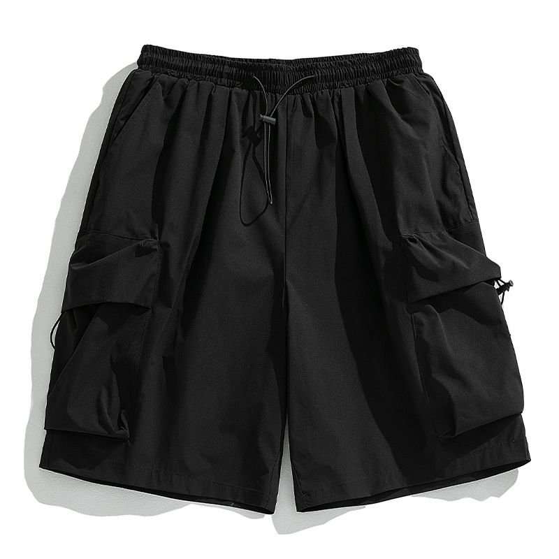 Men Casual Athleisure Solid Color Loose Drawstring Waist Cargo Shorts