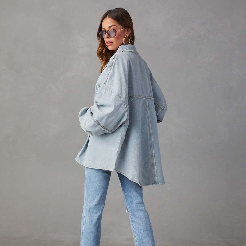 Women Fashion Rivet Lapel Long Sleeve Denim Coat Top