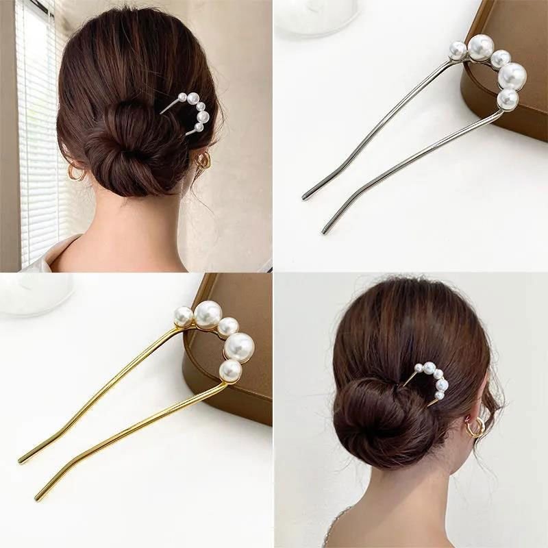 Women Fashion U-Shaped Hair Ball Head Pearl Metal Hairpin