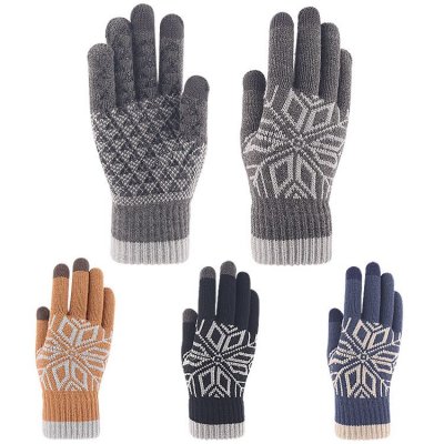 Autumn Winter Men Fashion Warm Fleece-Lined Thick Knitted Snowflake Gloves