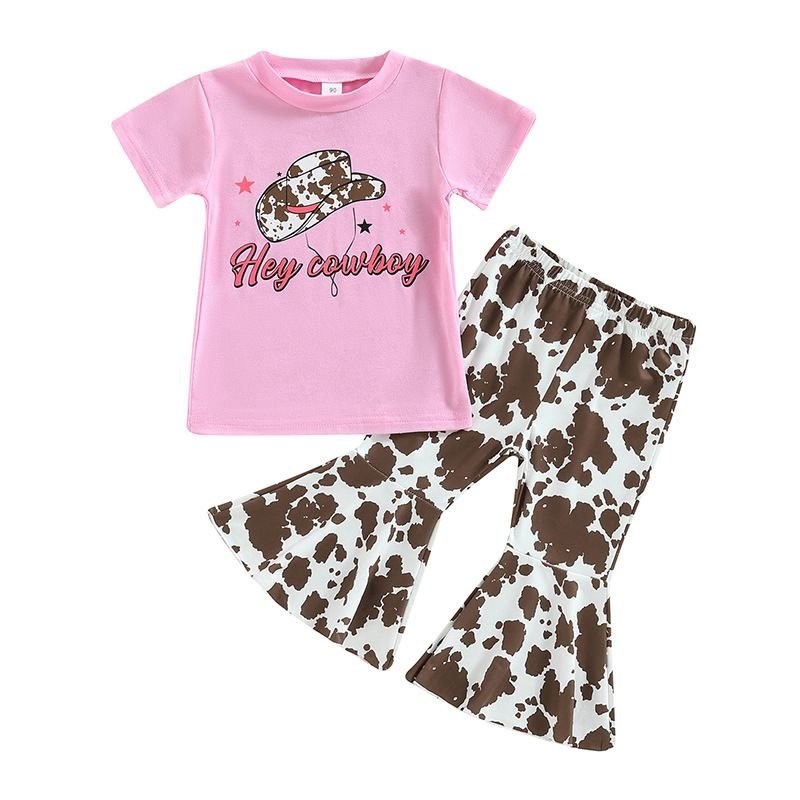 Kids Toddler Girls Casual Ethnic Style Alphabet Print Short Sleeve T-Shirt Flare Trousers Sets