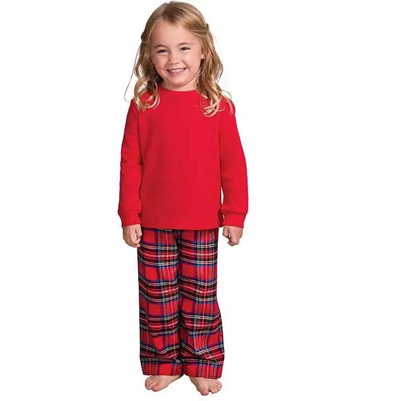 Simple Fashion Christmas Plaid Round Neck Long Sleeve Parent-Child Home Pajamas Set