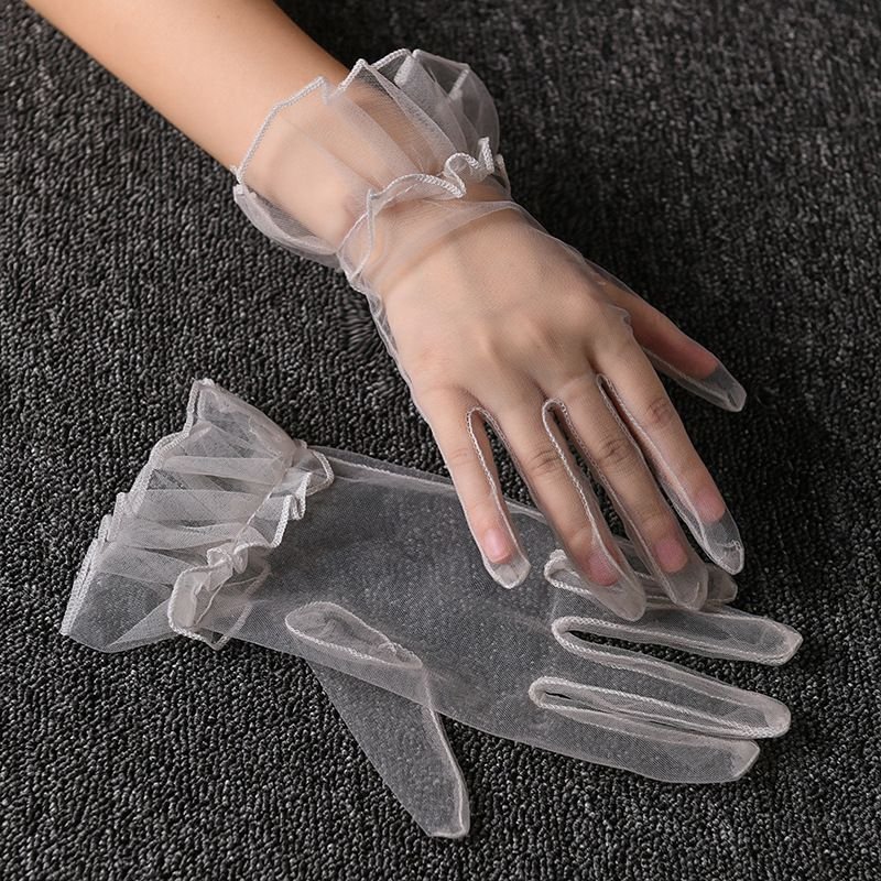 Women Transparent Thin Mesh Short Solid Color Party Wedding Gloves