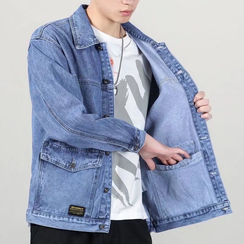 Men Fashion Casual Plus Size Loose Long Sleeve Lapel Denim Jacket