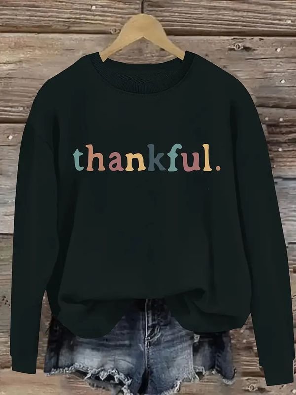 Thanksgiving Women Simple Alphabet Print Crewneck Long Sleeve Sweatshirt