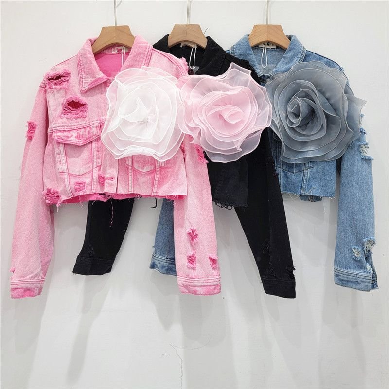 Fashion Creative Three-Dimensional Floral Personality Hole Denim Coat