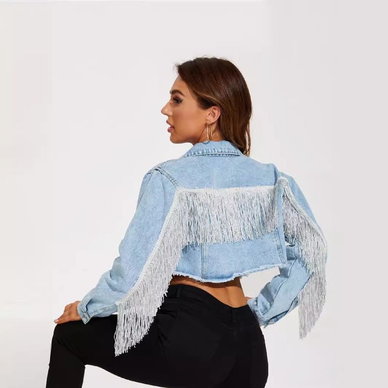 Women Fashion Fringed Crop Denim Coat