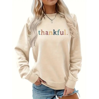 Thanksgiving Women Simple Alphabet Print Crewneck Long Sleeve Sweatshirt