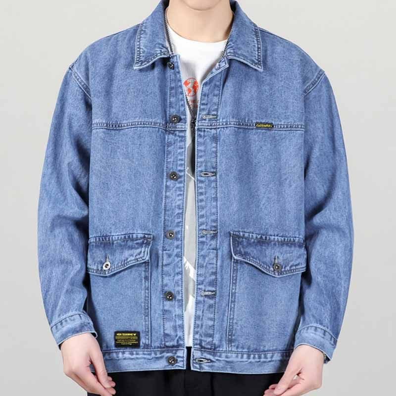 Men Fashion Casual Plus Size Loose Long Sleeve Lapel Denim Jacket