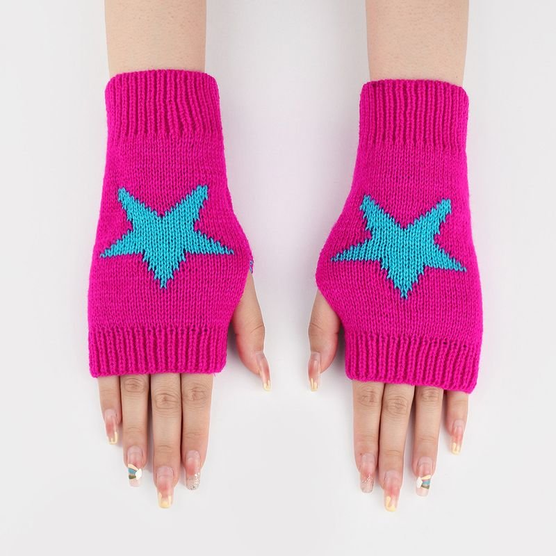 Autumn Winter Women Fashion Star Double-Layer Knitted Wool Half-Finger Gloves