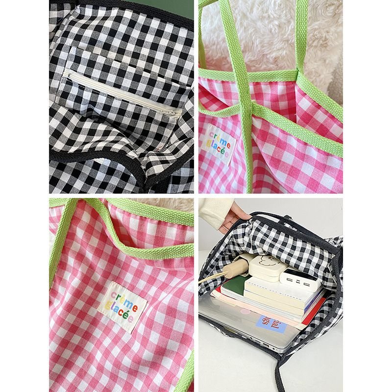 Women Simple Plaid Colorblock Large Capacity Shopping Tote Bag