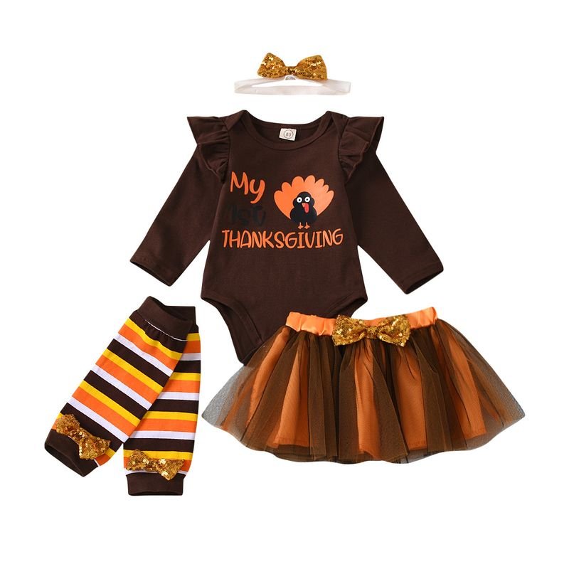 Kids Baby Girls Casual Cute Thanksgiving Turkey Alphabet Print Long Sleeve Romper Mesh Skirt Sets