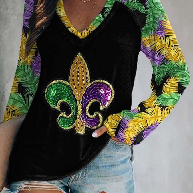 Mardi Gras Loose V-Neck Long-Sleeved T-Shirt