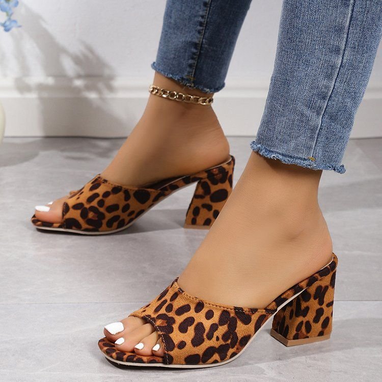 Women Fashion Plus Size Leopard Print Open Toe Suede High Heel Slippers