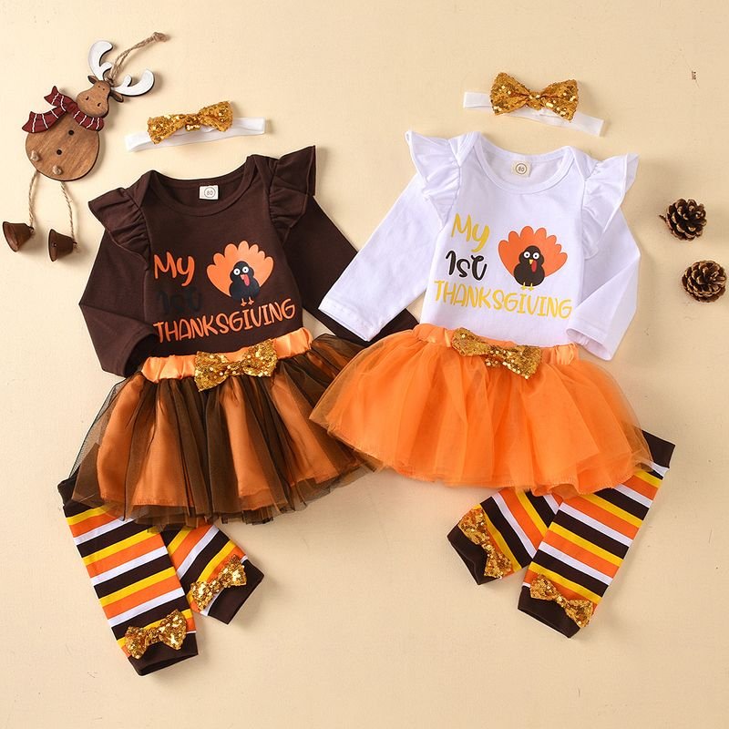 Kids Baby Girls Casual Cute Thanksgiving Turkey Alphabet Print Long Sleeve Romper Mesh Skirt Sets