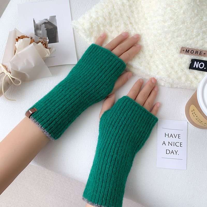 Autumn Winter Women Simple Solid Color Thickened Warm Half Finger Gloves