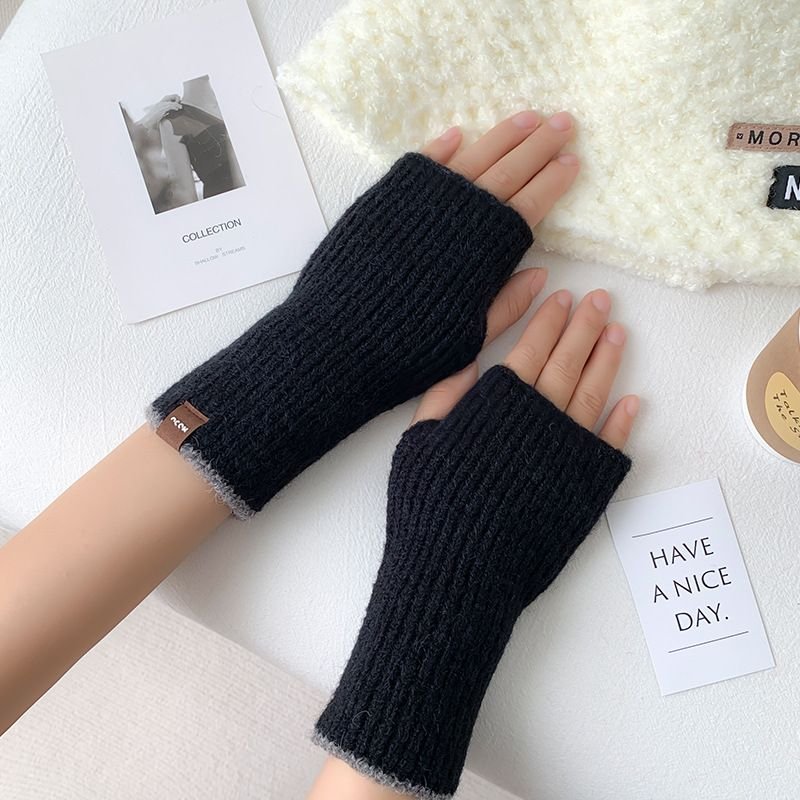 Autumn Winter Women Simple Solid Color Thickened Warm Half Finger Gloves