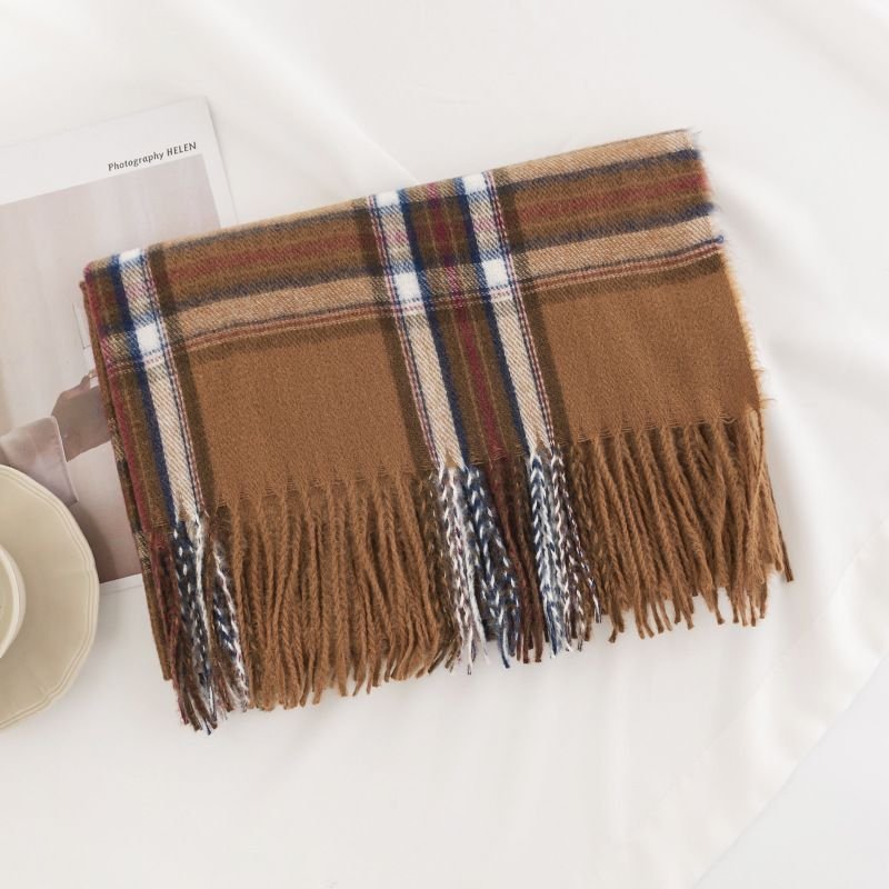 Elegant Women Plaid Tassel Imitation Cashmere Scarf