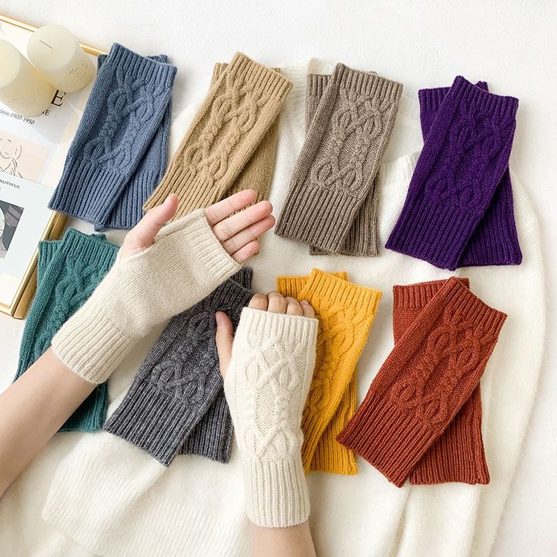 Autumn Winter Women Simple Solid Color Vertical Strip Knitted Wool Half-Finger Gloves