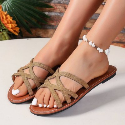 Summer Women Fashion Plus Size Hollow Rhinestone Round Toe Flat Slippers