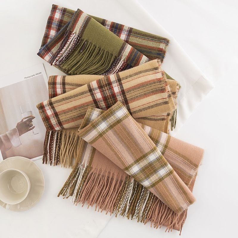 Elegant Women Plaid Tassel Imitation Cashmere Scarf