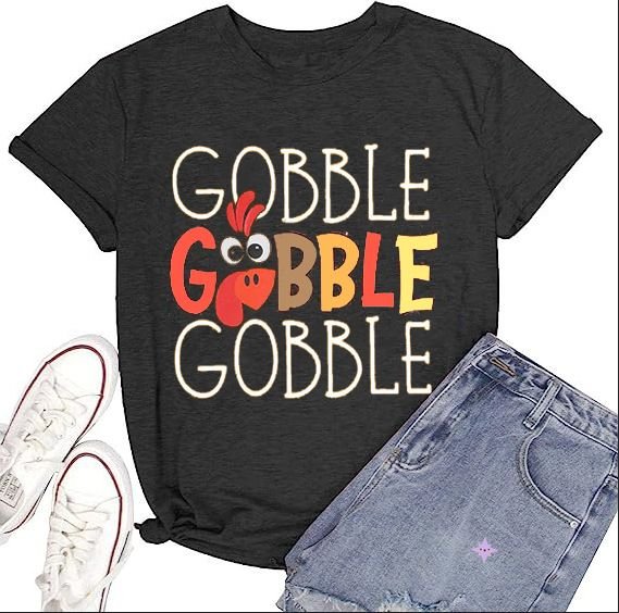 Thanksgiving Women Fashion Letter Turkey Print Round Neck Short Sleeve T-Shirt