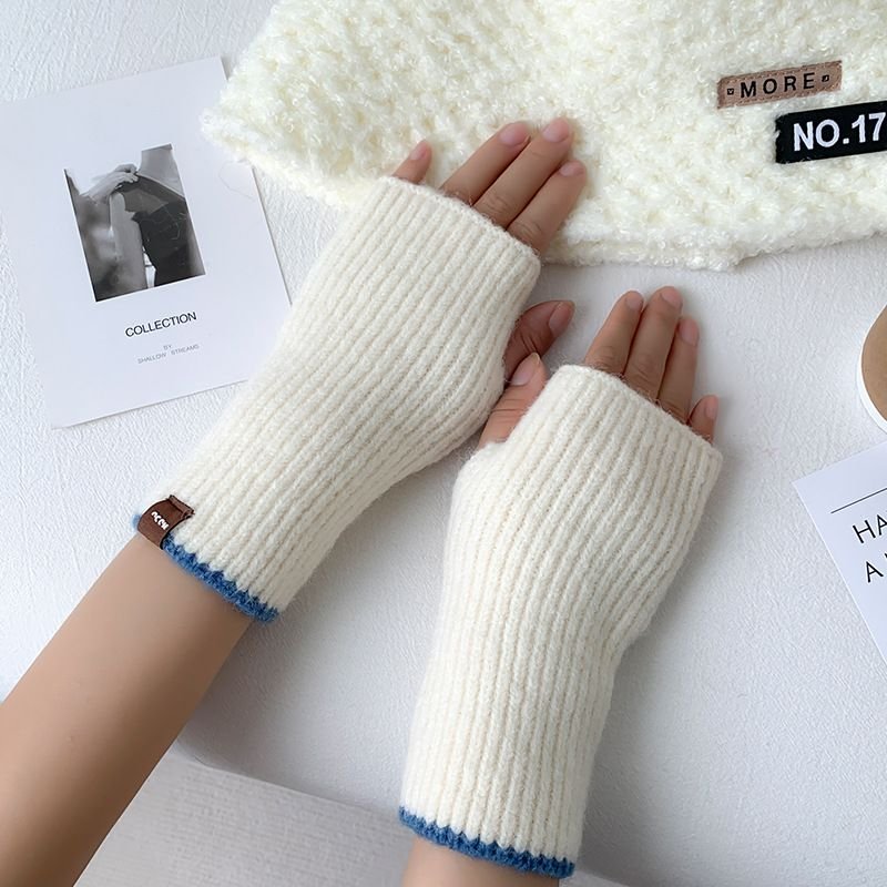 Autumn Winter Women Simple Solid Color Thickened Warm Half Finger Gloves