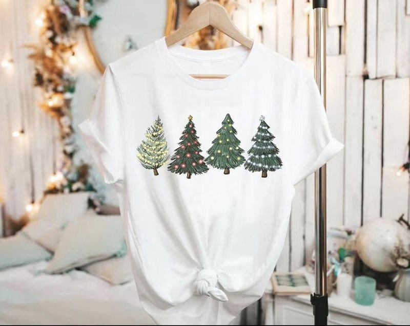 Cartoon Christmas Tree Print Round Neck Short Sleeve T-Shirt