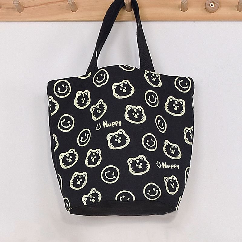 Simple Cartoon Bear Head Smiley Print Canvas Shopping Bag