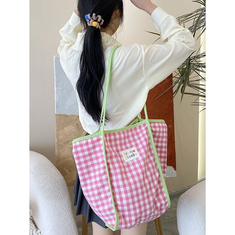 Women Simple Plaid Colorblock Large Capacity Shopping Tote Bag