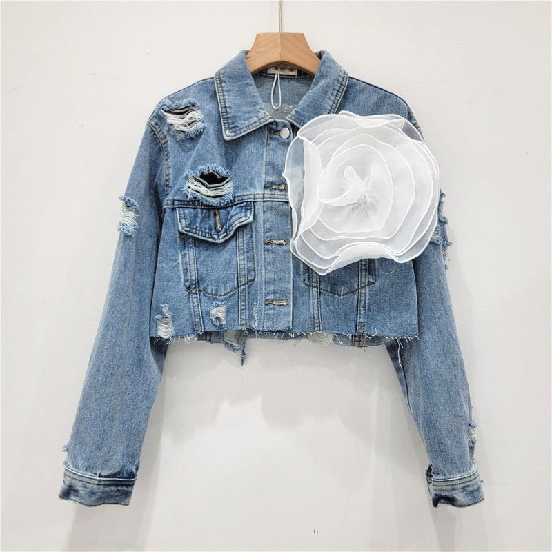 Fashion Creative Three-Dimensional Floral Personality Hole Denim Coat