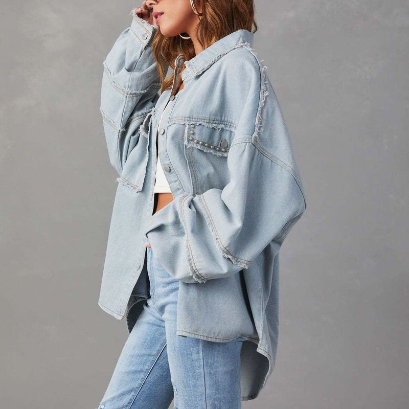 Women Fashion Rivet Lapel Long Sleeve Denim Coat Top