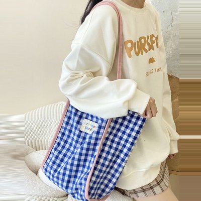 Women Simple Plaid Colorblock Large Capacity Shopping Tote Bag