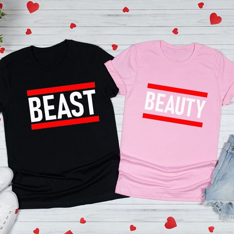 Valentine Day Fashion Letter Print Round Neck Short Sleeve Couple T-Shirt