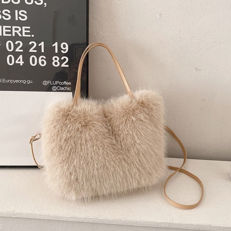 Autumn Winter Women Simple Solid Color Plush Handle Shoulder Bag