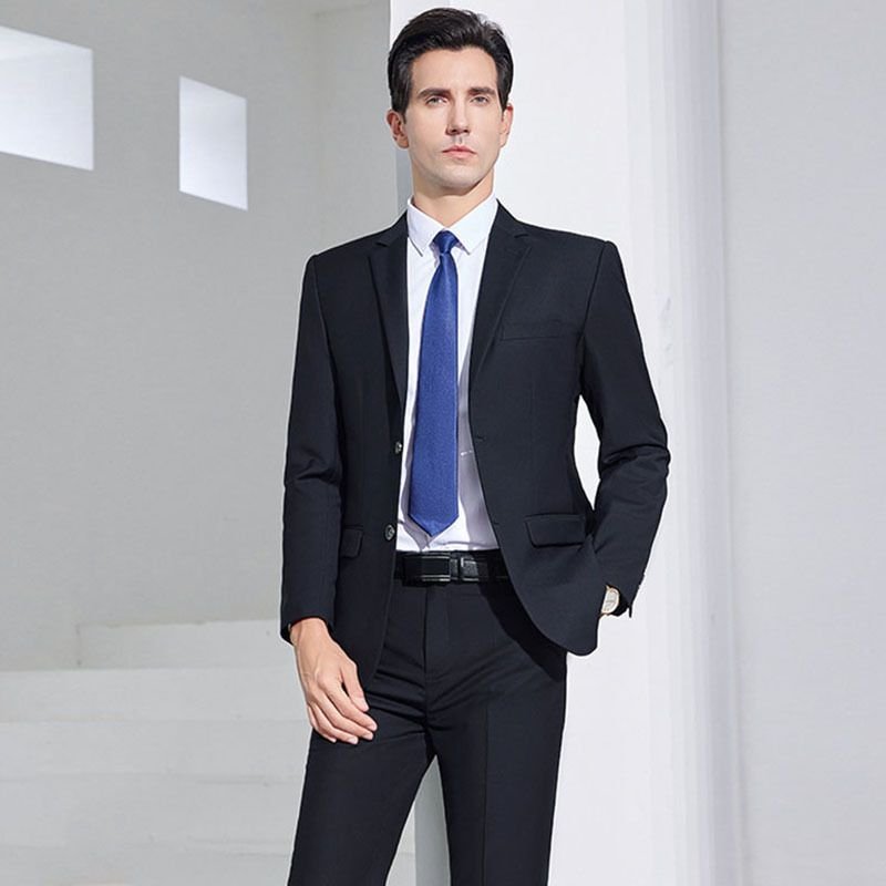 Men Fashion Business Office Solid Color Long Sleeve Lapel Suit Pants Plus Size Sets