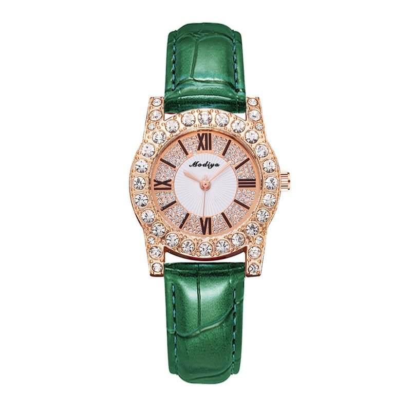 Women Fashion Round Dial Rhinestone Roman Scale Quartz Watch