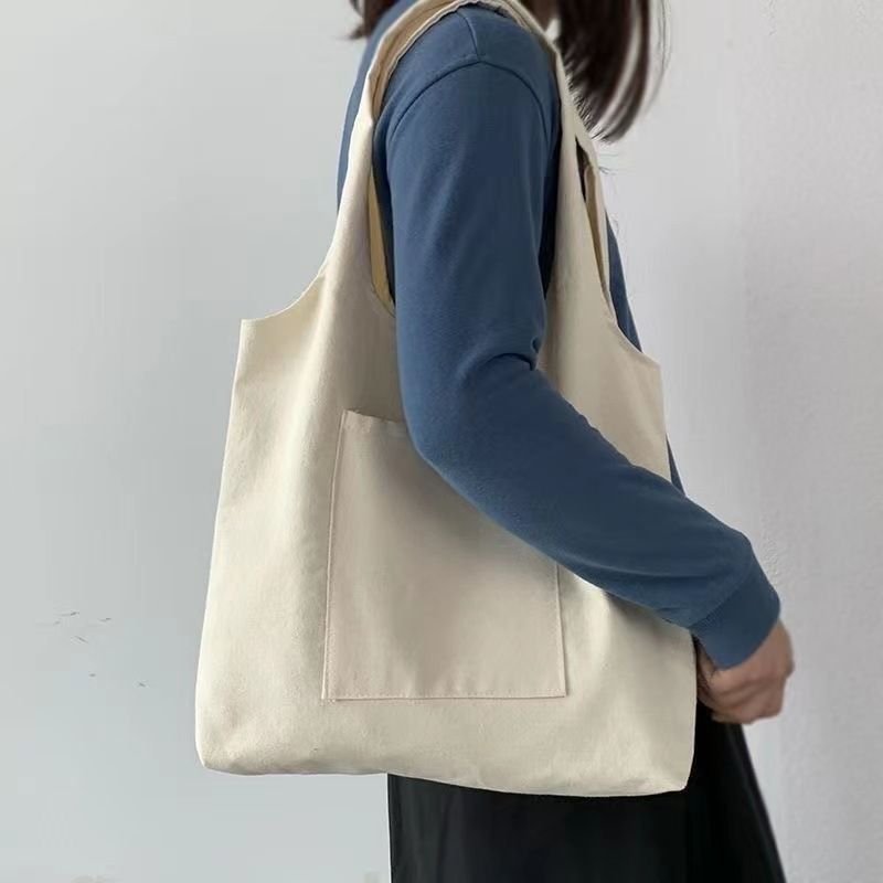 Women Simple Solid Color Pocket Large Capacity Canvas Shopping Tote Bag