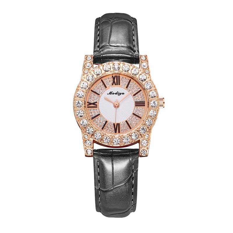 Women Fashion Round Dial Rhinestone Roman Scale Quartz Watch