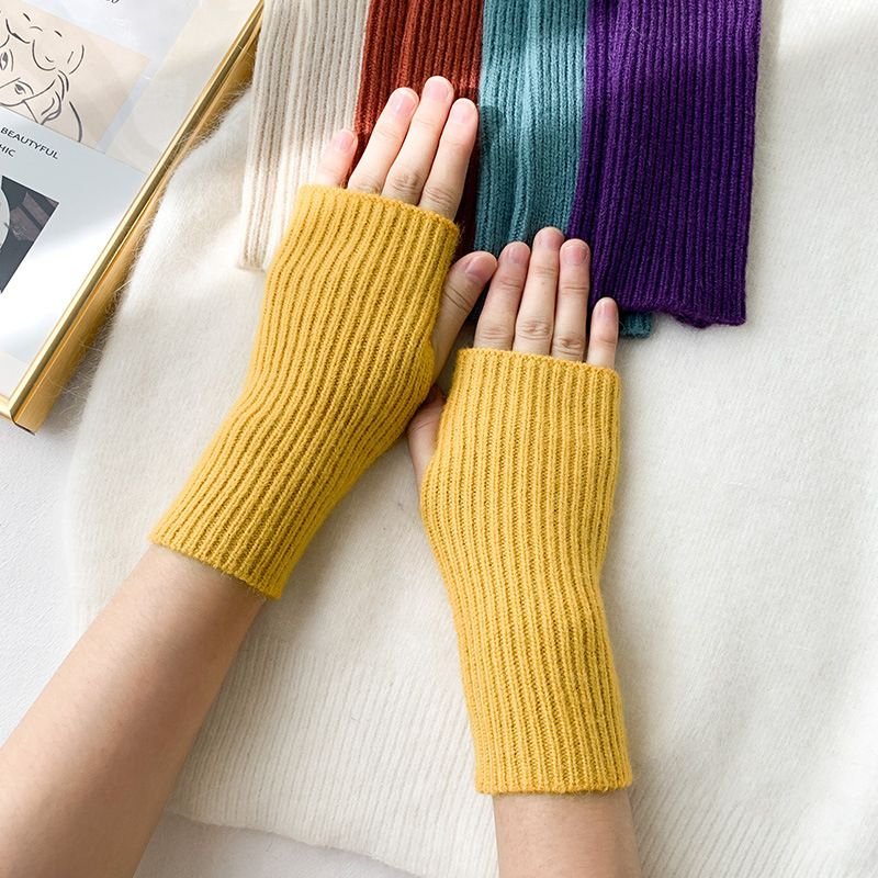 Autumn Winter Women Simple Solid Color Vertical Strip Knitted Wool Half-Finger Gloves