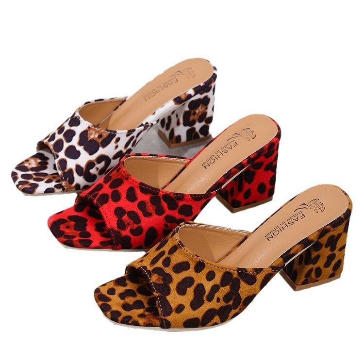 Women Fashion Plus Size Leopard Print Open Toe Suede High Heel Slippers