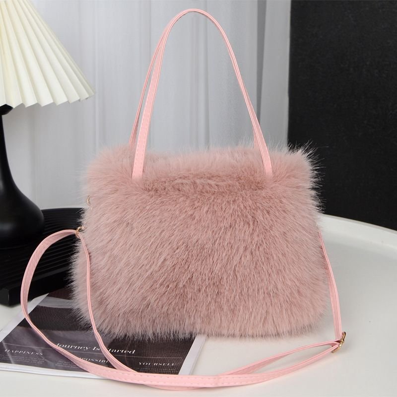 Autumn Winter Women Fashionable Solid Color Plush Square Handle Shoulder Bag