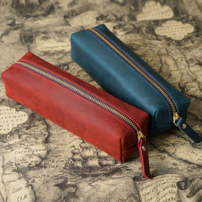 Simple First Layer Cowhide Zipper Pencil Case