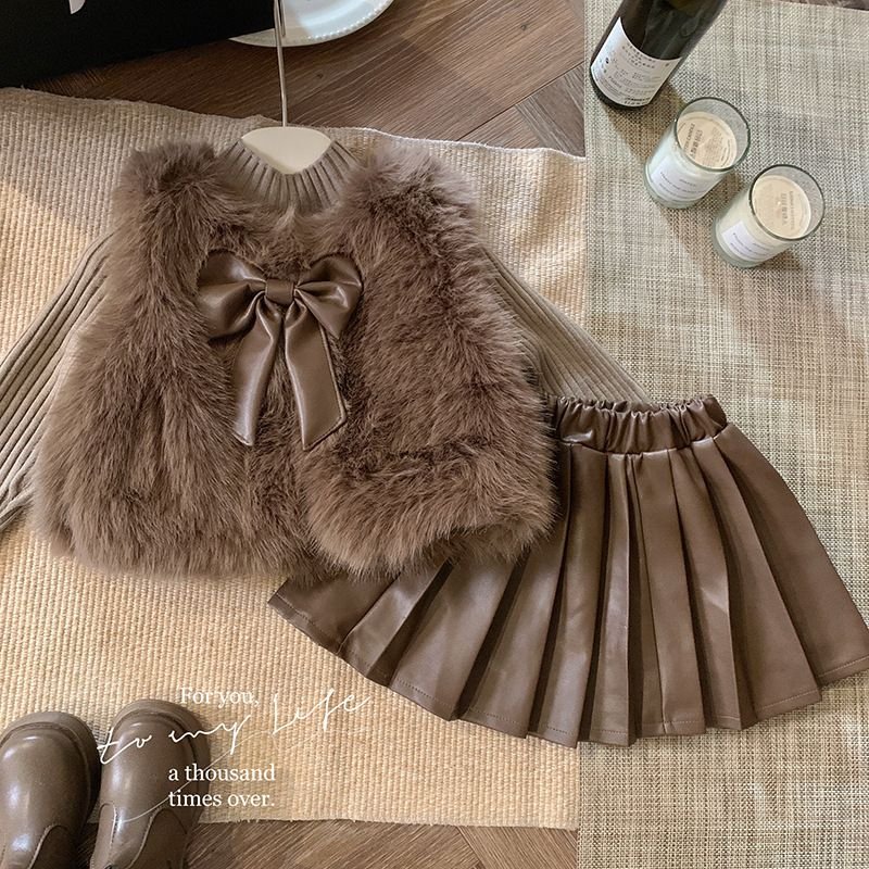 Kids Toddler Girls Autumn Winter Fashion Casual Bow Plush Vest Long Sleeve Top Tennis Skirt Three-Piece Set