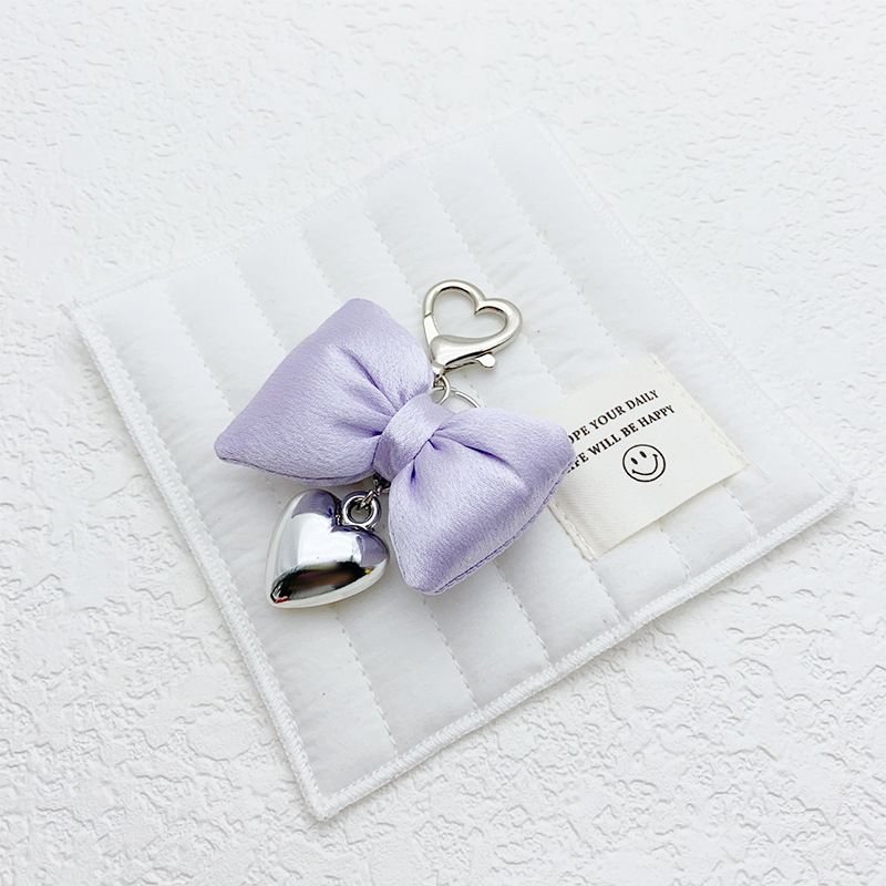 Women Fashion Simple Champagne Powder Three-Dimensional Bow Silver Metal Heart-Shaped Keychain