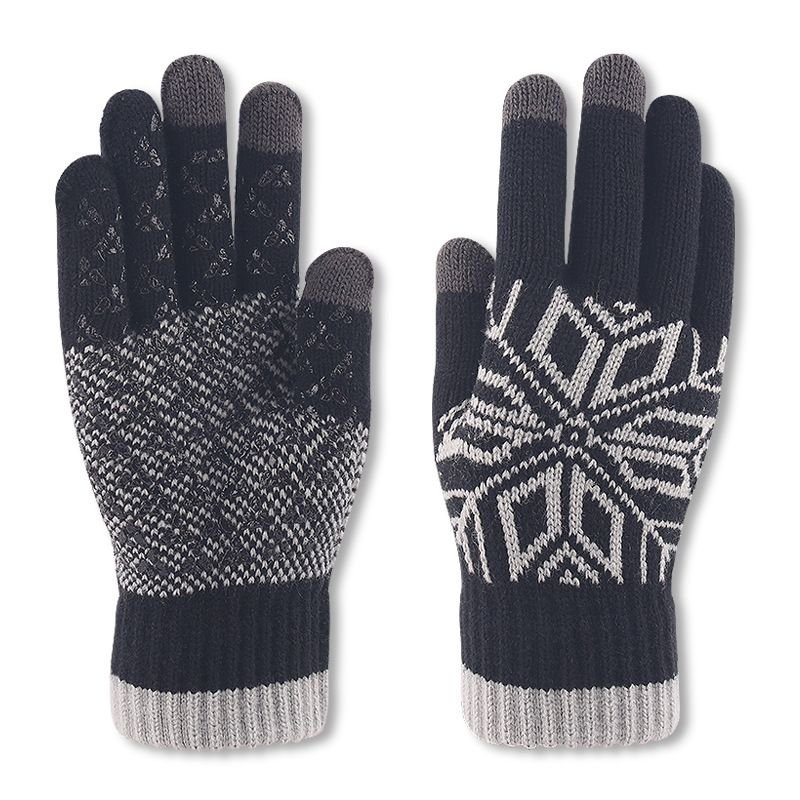 Autumn Winter Men Fashion Warm Fleece-Lined Thick Knitted Snowflake Gloves