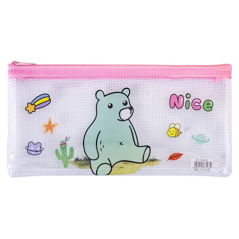 Simple Cartoon Large Capacity Transparent Mesh Zipper Pencil Bag