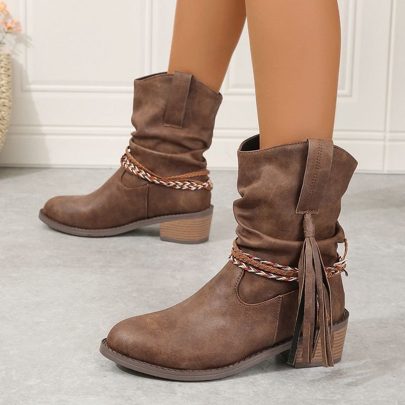 Autumn And Winter Women Fashion Plus Size Retro Tassel Round Toe Short Boots